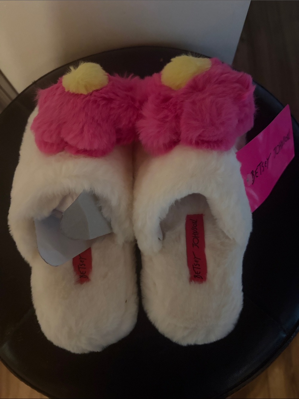 Betsey Johnson White Faux-Fur Slippers with Pink and Yellow Daisy Details